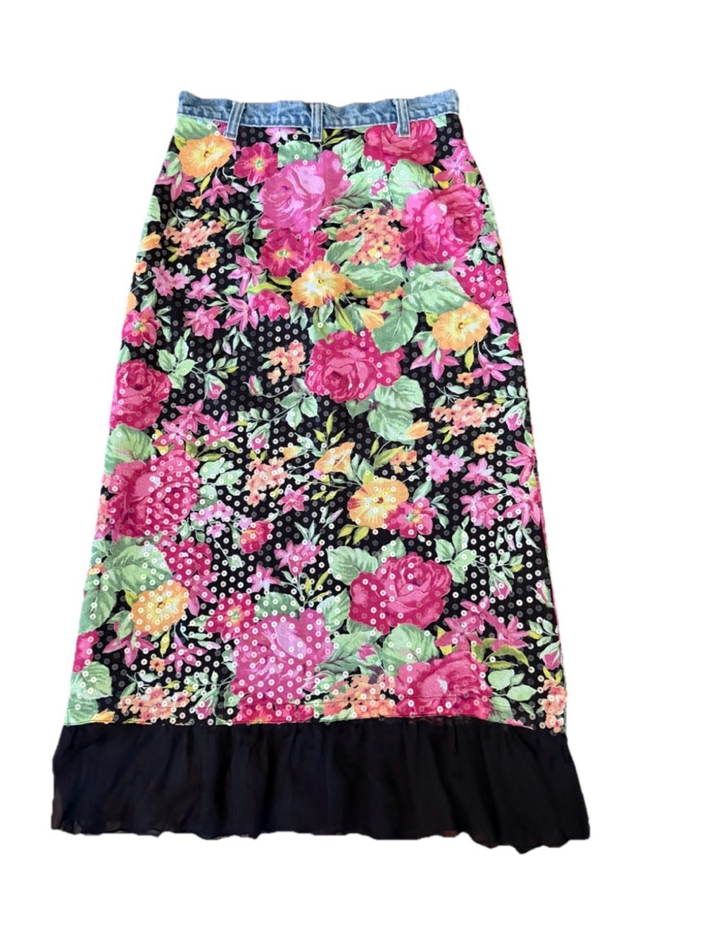 VTG Ruth Y2K Sequined Floral Maxi Skirt w/ Denim Waistband & Ruffled Hem Medium